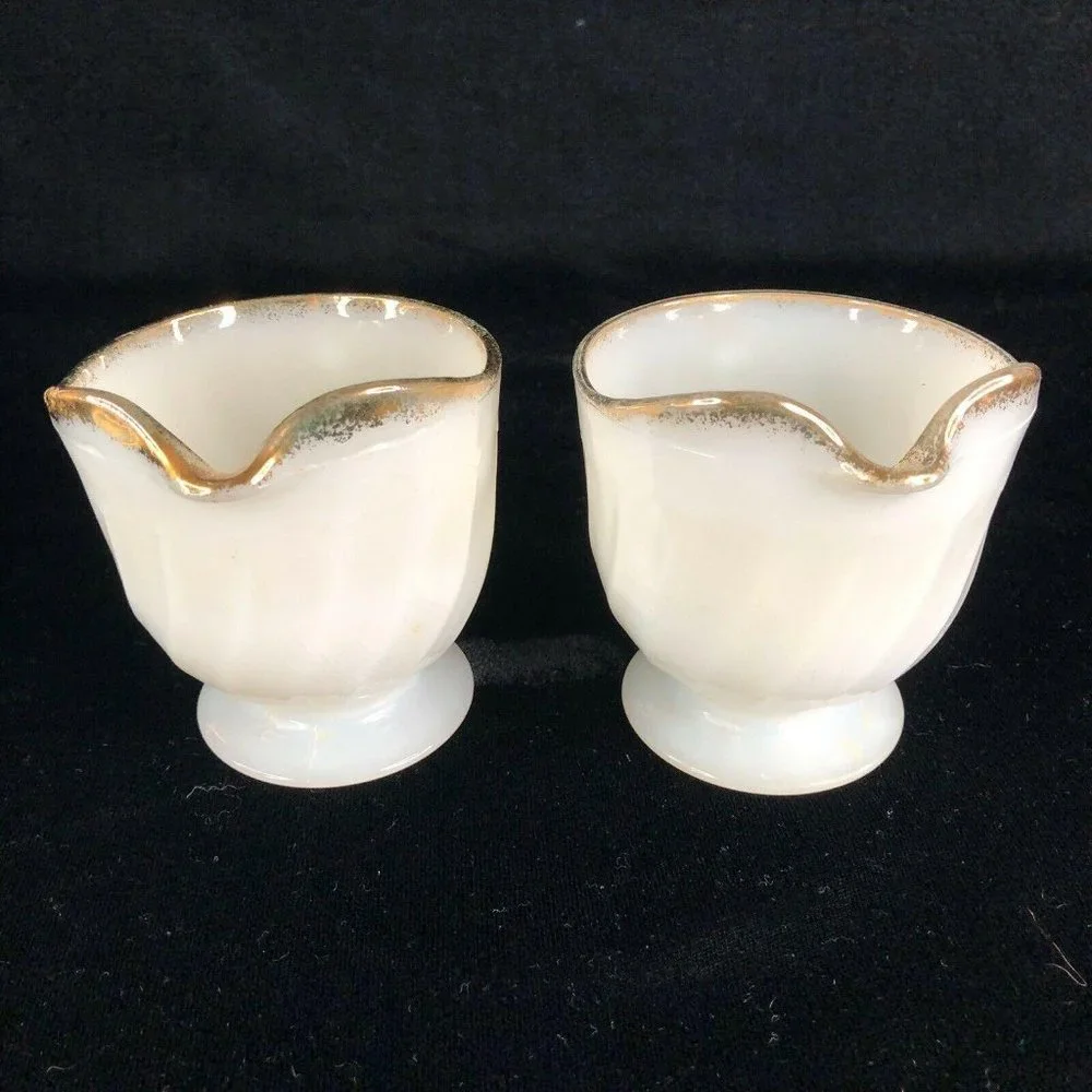 Fire King 3 Creamer 1 Sugar Bowl 2 Berry Set White Gold Swirl‎ Anchor Hocking